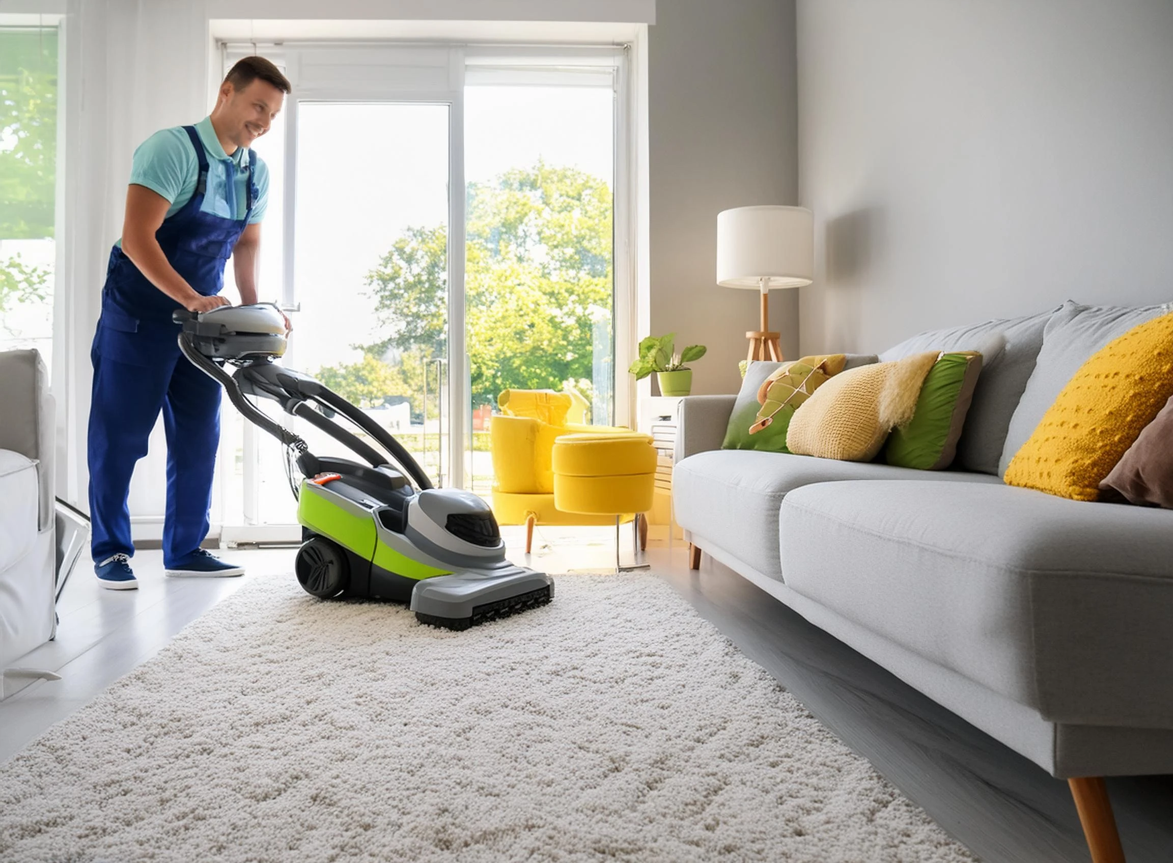 A person wearing blue overalls and a green shirt is vacuuming a beige carpet with a handheld vacuum cleaner. In the background, there is a grey sofa with yellow and green pillows, a lamp, and large windows offering a view of trees outside. Two yellow stools and a potted plant are placed on either side of the sofa. The room appears clean and well-lit.