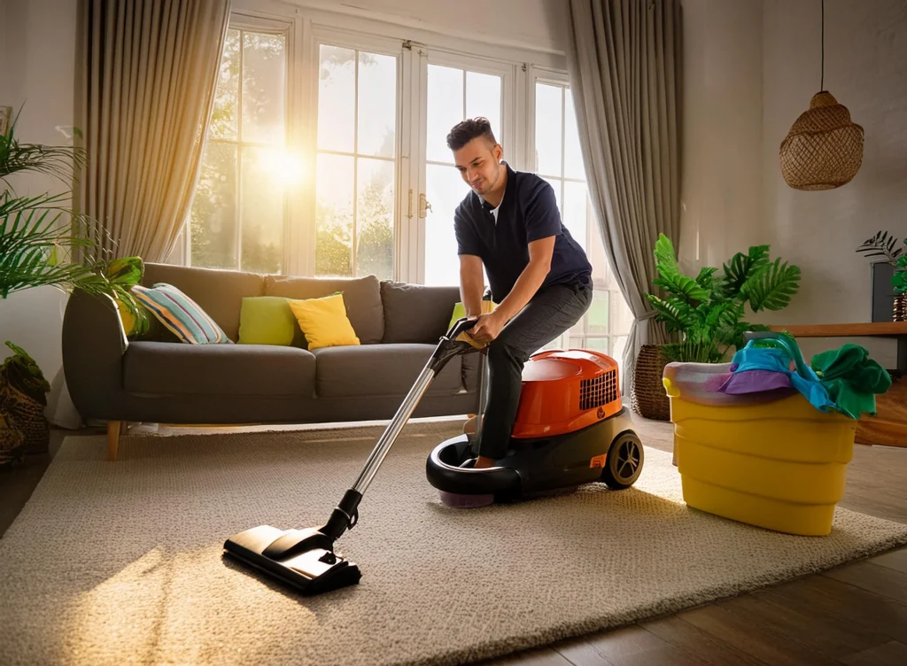 A person in blue overalls is vacuuming a beige carpet in a well-lit room. They are using an orange vacuum cleaner with black wheels and a black handle. The room features a grey sofa with colorful pillows, a wooden coffee table, and a yellow storage bin. Additionally, there are two stools and a potted plant in the room. The overall atmosphere suggests a cozy residential setting.