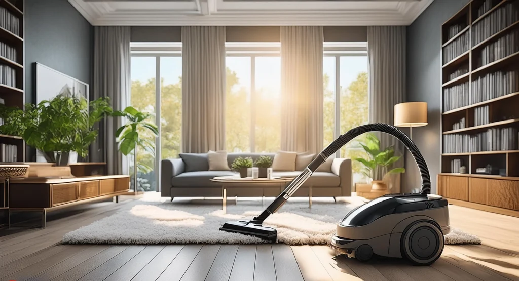 A modern living room with a wide window, furnished with a sofa, coffee table, and potted plants. Multiple floor lamps provide ample lighting. A robotic vacuum cleaner is cleaning the area.