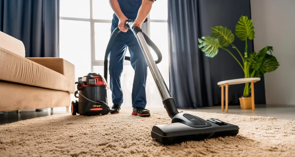 A person wearing a blue shirt and dark pants is vacuuming a light brown carpet in a well-lit living room. The room is furnished with a sofa, coffee table, and a potted plant. The person is using a black and red vacuum cleaner to clean the room.