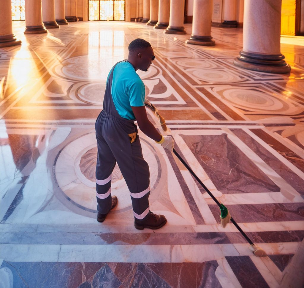 A person wearing a blue shirt and dark pants, using a green-handled mop to clean a hard floor with a marble pattern. The floor has a mix of beige and brown colors with a geometric design. The person is standing in a large, open space with columns in the background, suggesting a public building. Sunlight is shining through a window on the left side, creating a warm glow. The room has a neutral color palette with a wooden floor and a plain wall in the background."