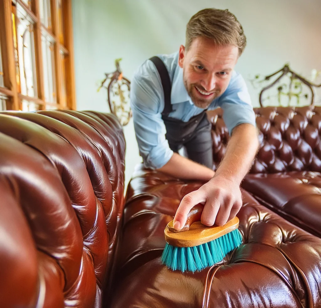 A person wearing a blue shirt and dark pants, using a brush and cleaning solution to clean a vibrant, retro-style leather suite. The room has a neutral color palette with a wooden floor and a plain wall in the background.