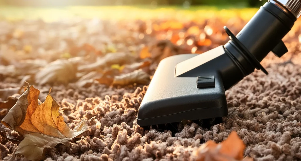 A close-up view of a vacuum cleaner's black brush roll positioned on a carpeted surface covered with fallen leaves. The sunlight illuminates the scene, highlighting the texture of the carpet fibers and the leaves. The vacuum appears to be in the process of cleaning, creating a clean and serene environment despite the presence of leaves.