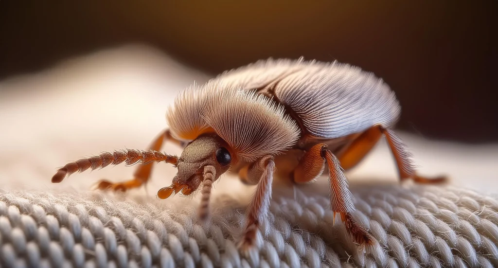 Close-up of a bee with a light-colored head, black and orange striped pattern, and large clear eyes. The bee's wings are retracted, showing a smooth texture. The bee is positioned on a textured surface, possibly fabric. Predominant colors are beige and brown.