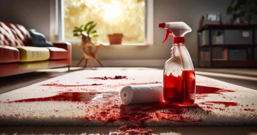 A red spray bottle is seen on a white and beige patterned carpet, with red liquid spilled out onto the carpet. The carpet is partially rolled up, revealing its patterned texture. Sunlight streams in through a partially visible window, creating a warm ambiance in the room. A wooden chair and a small wooden side table are also visible. The floor appears to be made of light-colored wood.