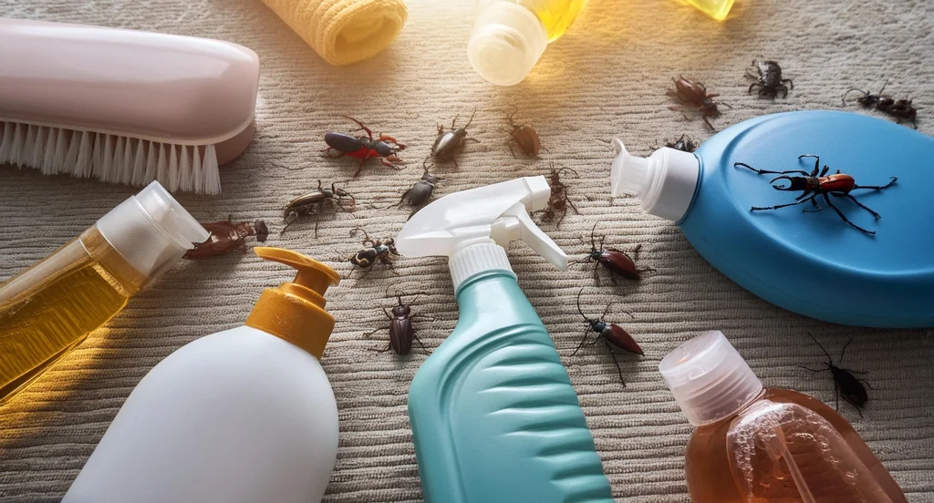 A collection of various pest control products scattered on a carpeted floor, including bottles of different sizes and colors with labels that are not clearly visible. In the foreground, there is a white spray bottle with a brown nozzle and a blue pump bottle with a white cap. Some insects, including cockroaches, can be seen on the carpet. The sunlight highlights the contours of the products, indicating a bright day.