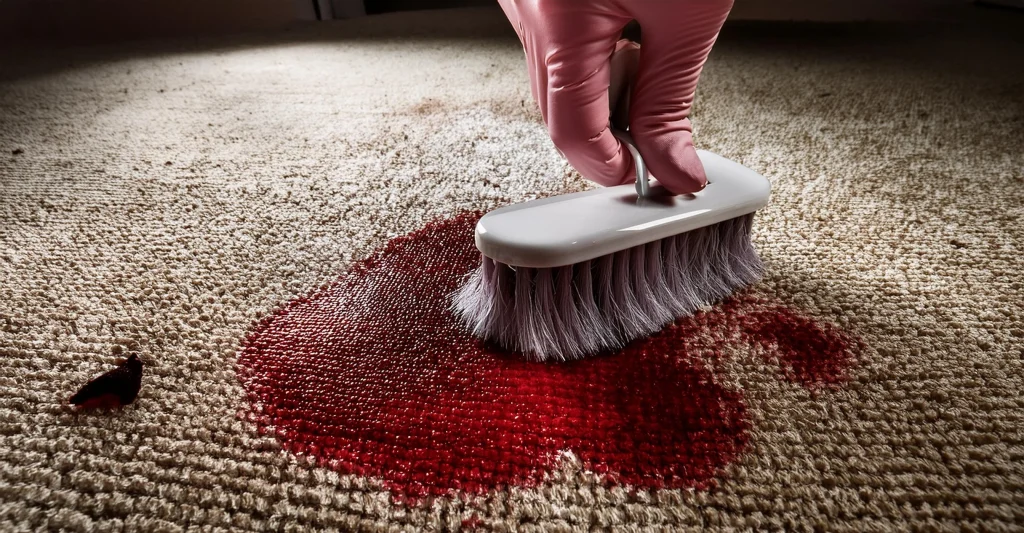  A close-up view of a hand holding a white brush with pink bristles, sweeping across a beige carpet with a noticeable red stain in the center.