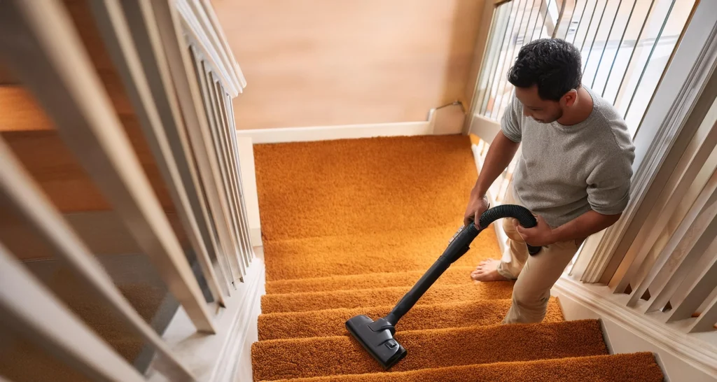 A person cleaning carpet on stairs with hoover